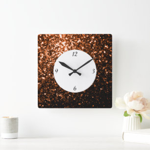 Horloge Carrée Bronze Orange Marron scintille avec des chiffres