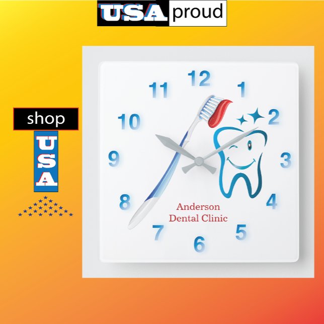 Horloge Carrée Brosse à dents dentiste 🦷 bleu élégant (Créateur téléchargé)