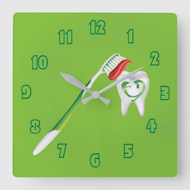 Horloge Carrée Brosse à dents pour dentiste 🦷 vert mignon Fun Fa (Recto)