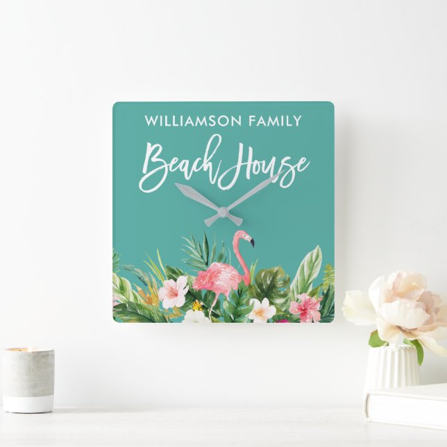 Horloge Carrée Brosse Script Tropical Floral Family Beach House (Maison)
