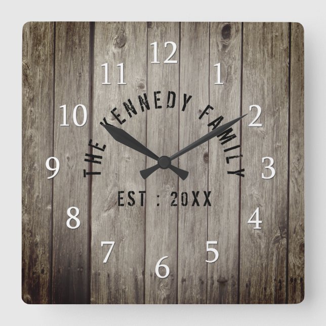 Horloge Carrée Brown Wood Farmhouse Nom de famille (Recto)
