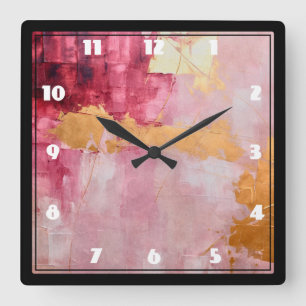 Horloge Carrée Brush artistique touche or et rose