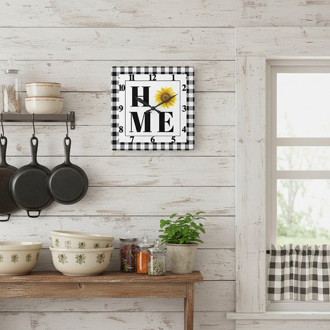 Horloge Carrée Buffalo check tournesol "Accueil" (Créateur téléchargé)