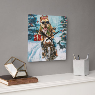 Horloge Carrée Bulldog à moto Noël