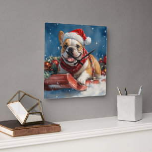 Horloge Carrée Bulldog dans Sledge Let it Neige Noël