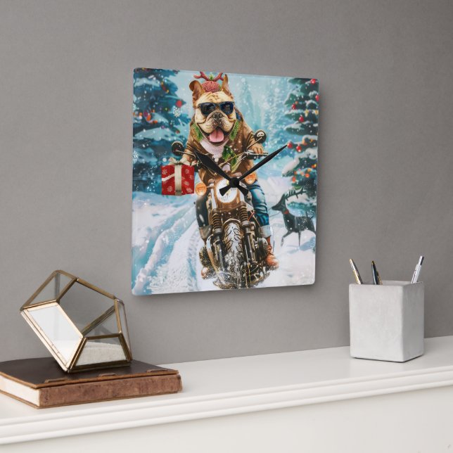 Horloge Carrée Bulldog équitation moto Noël (Bureau)