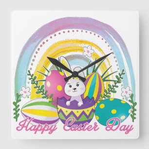 Horloge Carrée Bunny Joyeux jour de Pâques avec les couleurs de l