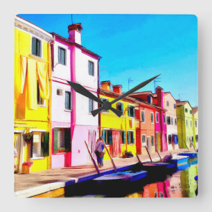 Horloge Carrée Burano, peinture d'aquarelle de Venise