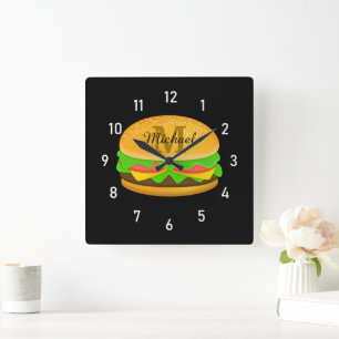 Horloge Carrée Burger délicieux et amusant Monogramme et chiffres