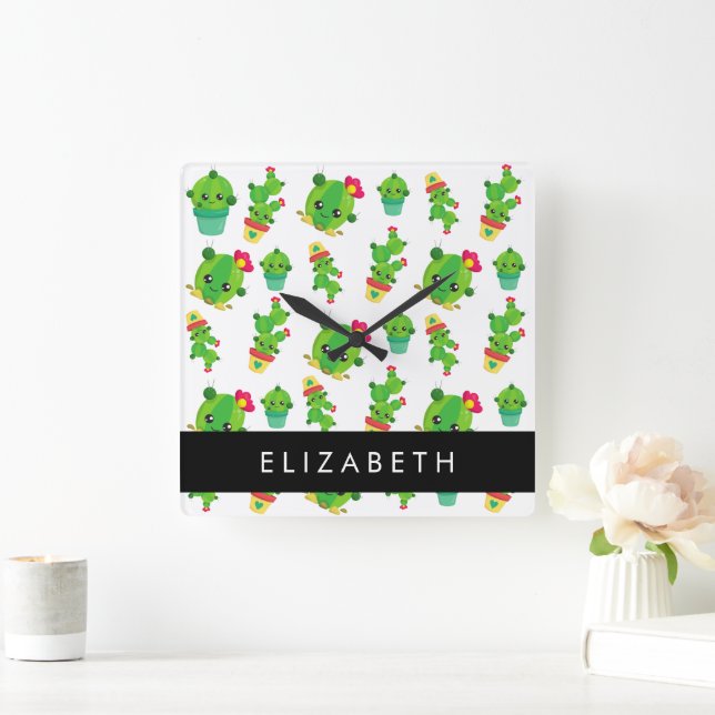 Horloge Carrée Cactus mignons, Cactus Motif, Succulent, Votre Nom (Maison)
