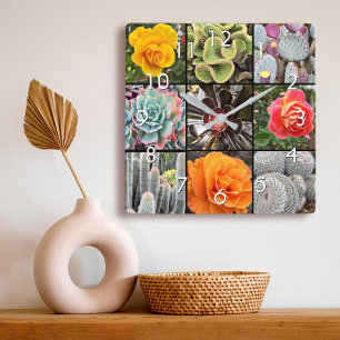 Horloge Carrée Cactus Succulents rose photo collage