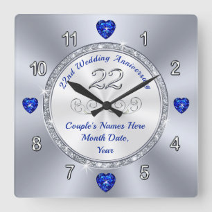 Horloge Carrée Cadeau personnalisé, 22 ans anniversaire de Mariag