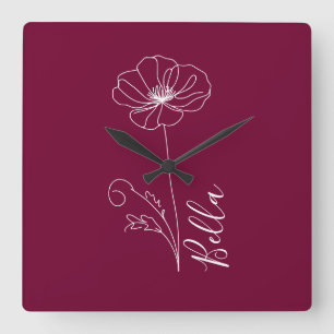 Horloge Carrée Cadeau personnalisé Août Fleur de naissance du pav