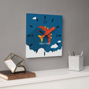 Horloge Carrée Cadeau personnalisé pour garçons avec avion au-des