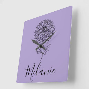 Horloge Carrée Cadeau personnalisé septembre Aster Flower pour la