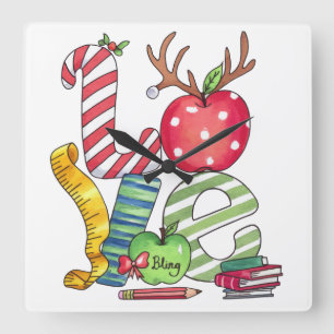 Horloge Carrée Cadeau pour l'enseignant Crayon Pomme d'amour