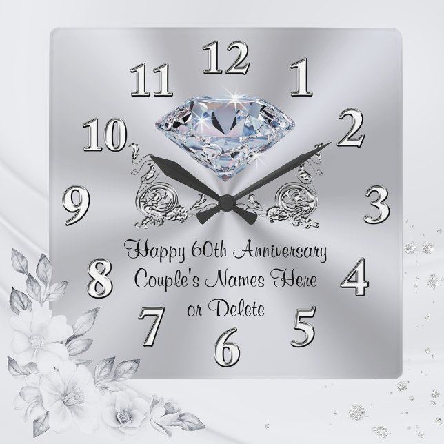 Horloge Carrée Cadeaux de 60ièm anniversaire personnalisés en dia (Personalized 60th Anniversary Gifts for Friends, Parents, Family. Diamond Wedding Anniversary Clock.)