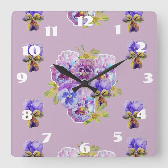 Horloge Carrée Cadran de chambre floral pensées lilas shabby chic (Recto)