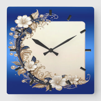 Horloge Carrée Cadran de mur orné de fleurs blanches bleues