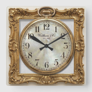 Horloge Carrée Cadran doré encadré antique