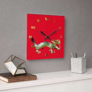 Horloge Carrée Cadran - Dragon Oriental sur Fond Rouge