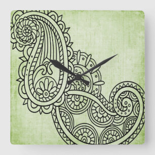 Horloge Carrée Cadran motif Mehndi vert