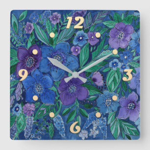 Horloge Carrée Cadran mural carré jardin fleuri aquarelle
