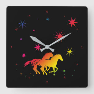 Horloge Carrée Cadran mural cheval coucher de soleil