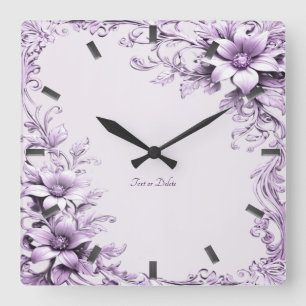 Horloge Carrée Cadran mural de fleurs violettes élégantes