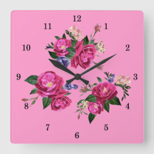 Horloge Carrée Cadran Mural de Roses Belles
