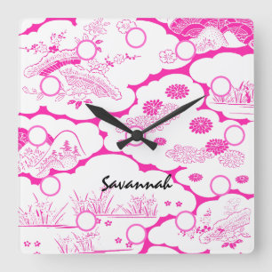 Horloge Carrée Cadran mural Fleur asiatique rose