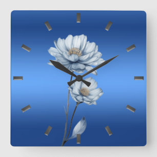 Horloge Carrée Cadran mural Fleurs aquarelle bleue