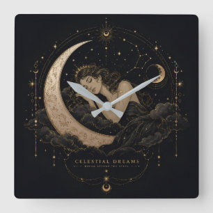 Horloge Carrée Cadran mural luxe Rêves célestes Lune et Étoiles