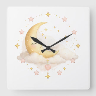 Horloge Carrée Cadran mural pastel croissant de lune & nuages rêv