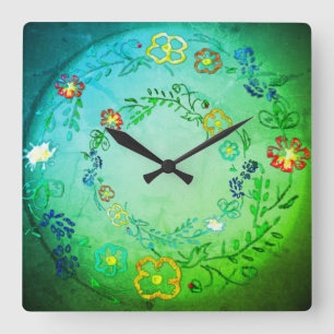 Horloge Carrée Cadran mural style de fleurs