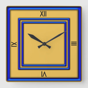 Horloge Carrée Cadre bleu 4 chiffres noirs or