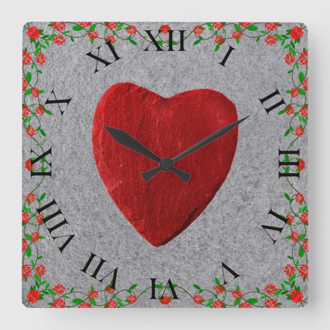 Horloge Carrée Cadre de rose avec coeur (Recto)