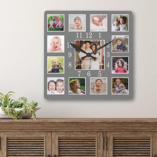 Horloge Carrée Cadre personnalisé de 13 photos de famille en gris