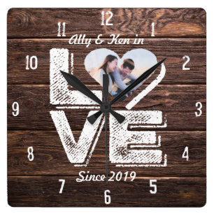 Horloge Carrée Cadre photo coeur Amour Rustique Woodland Monogram
