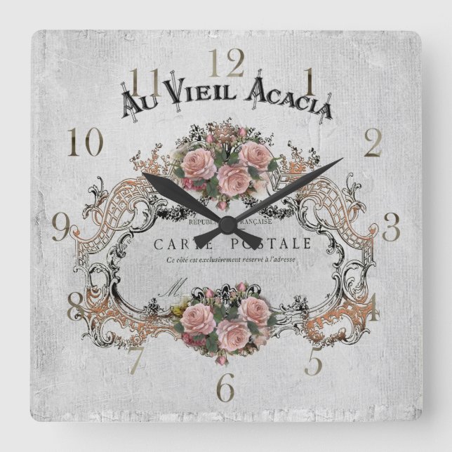Horloge Carrée Cadre vintage français avec rose (Recto)