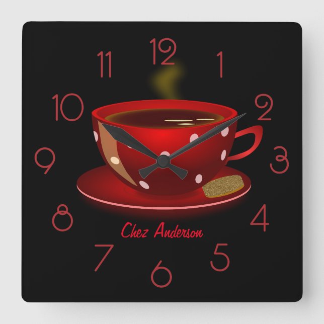 Horloge Carrée Café Café Rouge et Noir Personnalisé (Recto)
