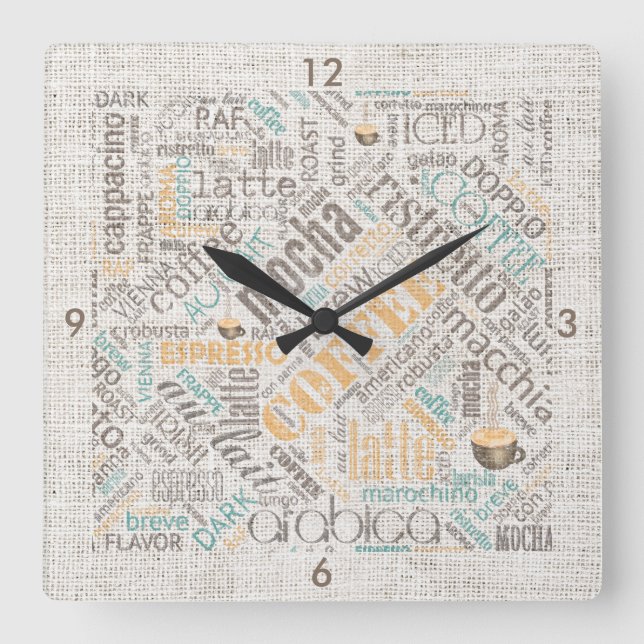 Horloge Carrée Café sur Burlap Word Cloud Turquoise ID283 (Recto)