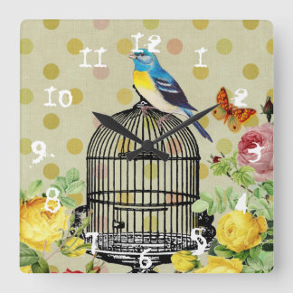 Horloge Carrée Cage Florale Oiseau Ephémère Granny Chic