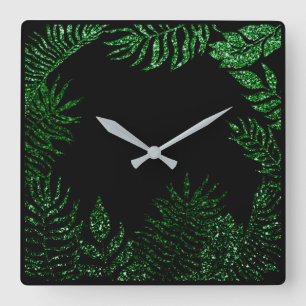Horloge Carrée Cali Noir Parties scintillant botanique de palmier