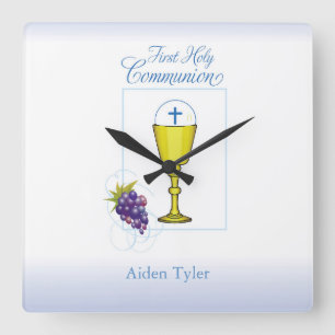 Horloge Carrée Calice de première communion garçon personnalisé a