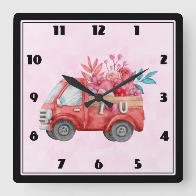 Horloge Carrée Camion d'amour mignon avec Coeur Cargo Aquarelle (Recto)