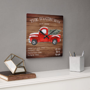 Horloge Carrée Camion Rouge Vintage Noël Fermier