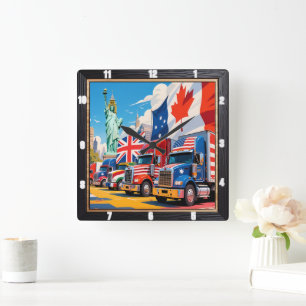 Horloge Carrée Camions patriotiques Unité mondiale