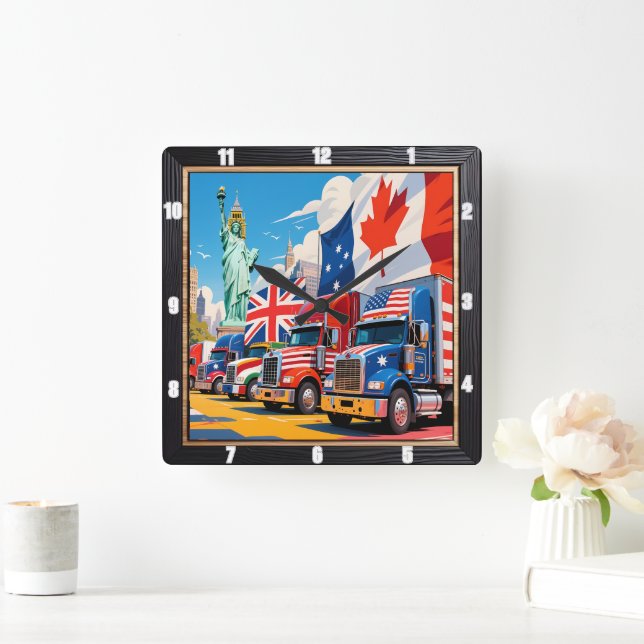 Horloge Carrée Camions patriotiques Unité mondiale (Maison)