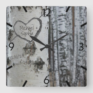 Horloge Carrée Campagne Rustique Coeur Sculpté Arbre de bouleau